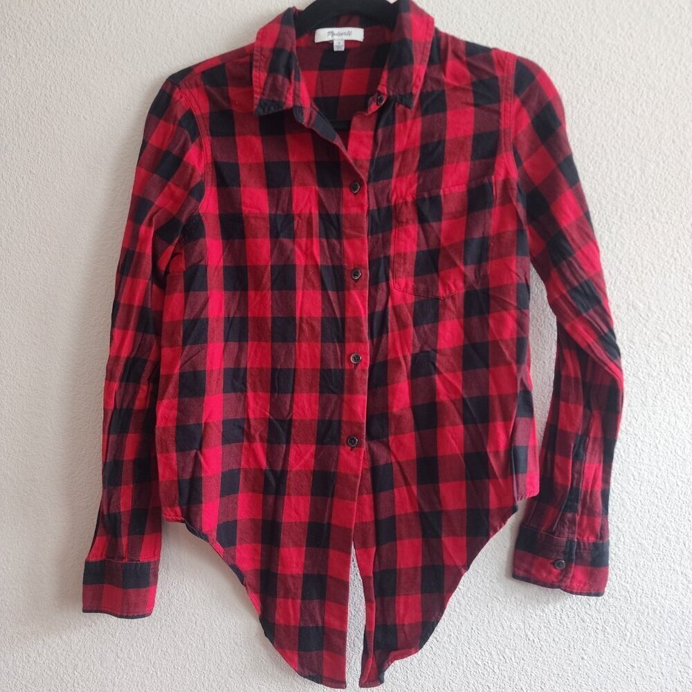 Madewell Womens Flannel Tie Front Shirt Button Up Buffalo Check Red Black Size S